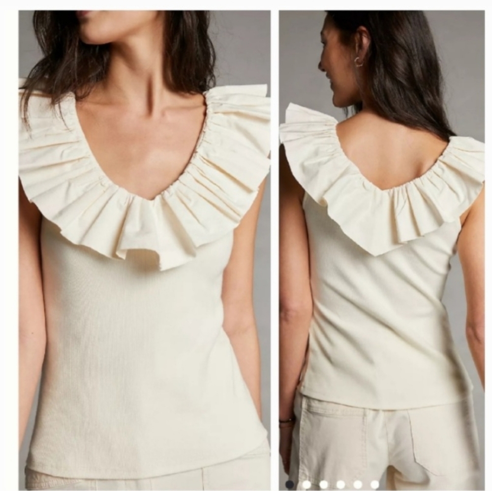 Anthropologie Cream Ruffled Bib Collar Tank Top